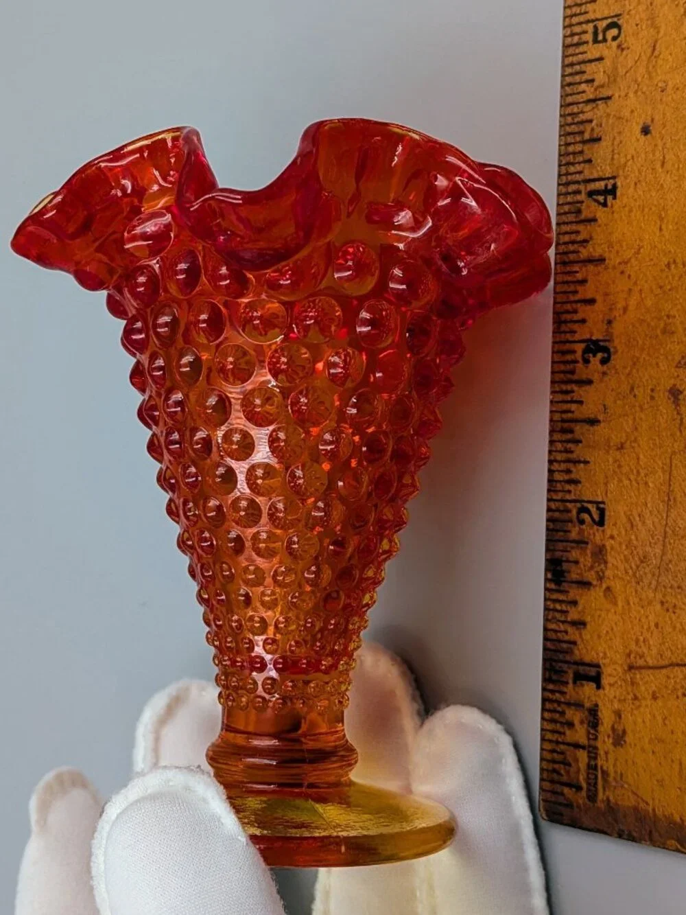 Vintage Fenton Amberina Hobnail Glass Mini Trumpet Vase  with Original Label